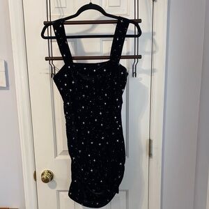 NWT Cider black velvet ruched minidress with silver stars